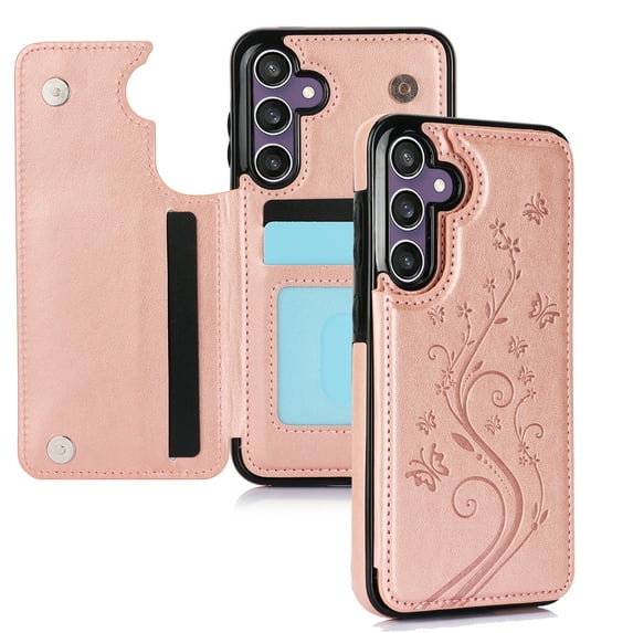 Dteck for Samsung Galaxy S23 FE Case with Card Holder,Flower Magnetic Back Flip Case for Samsung Galaxy S23 FE Wallet Case for Women,Protective Case Phone Case for Samsung Galaxy S23 FE 5G,Rosegold