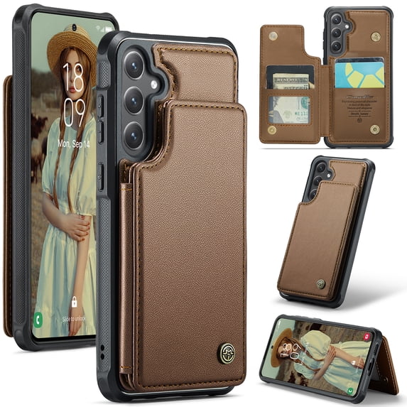 Dteck for Samsung Galaxy S23 FE Case with Card Holder, Magnetic Durable Leather Wallet Case for Women Men with RFID Blocking Kickstand Shockproof Cover for Galaxy S23 FE,Brown