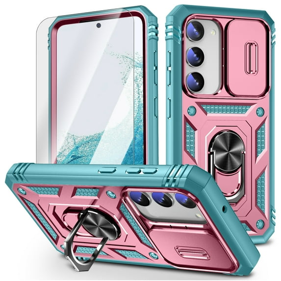 Dteck for Samsung Galaxy S23 FE Case, Samsung S23 FE 5G Case with Slide Camera Lens Cover + Screen Protector, Full Body Military Grade Drop Protection Kickstand Case for Galaxy S23 FE,Pink Mint