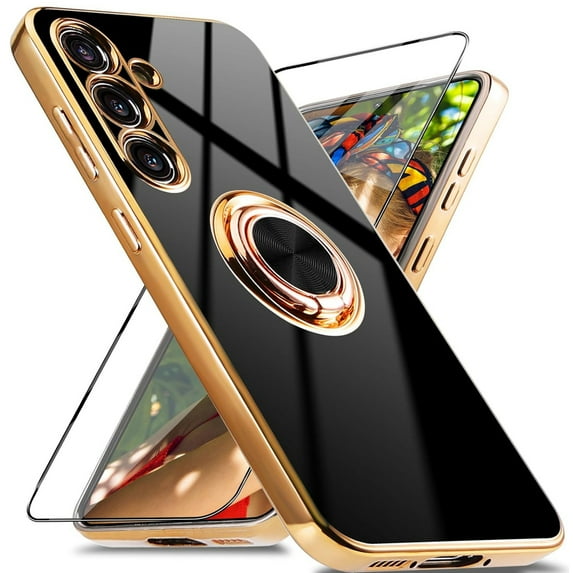 Dteck for Samsung Galaxy S23 FE Case with Screen Protector, Built-in 360° Rotation Ring Holder Magnetic Stand, Luxury Shiny Plating Edge Shockproof Electroplated Protective Cover,Black