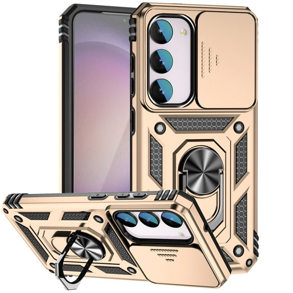 Dteck for Samsung Galaxy S23 FE Case with Sliding Camera Lens Protector, Military Grade Rugged Shockproof Heavy Duty Galaxy S23 FE Protective Cover with Magnetic Ring Kickstand,Gold