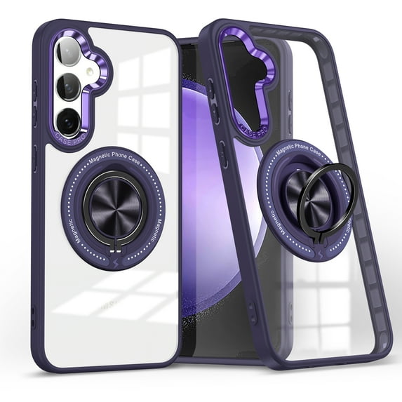 Dteck for Samsung Galaxy S23 FE Case, Slim TPU Bumper Built in 360° Rotating Ring Kickstand Case Military Drop Protection Magnetic Mag Safe PC Clear Back Cover for Galaxy S23 FE,Purple
