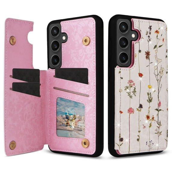 Dteck for Samsung Galaxy S23 FE Case Wallet with Card Holder, Floral Flower Pattern Flip RFID Blocking PU Leather Kickstand Case for Women Girls, Double Magnetic Clasp Shockproof Cover,Dried Flower