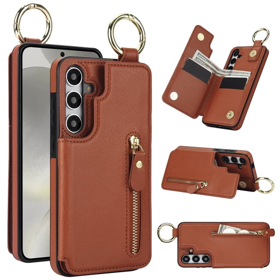 Dteck for Samsung Galaxy S23 FE Case Wallet with Card Holder, PU Leather Zipper Pocket Card Slots Front Cover Flip Kickstand Shockproof Phone Case for Galaxy S23 FE 5G,Brown