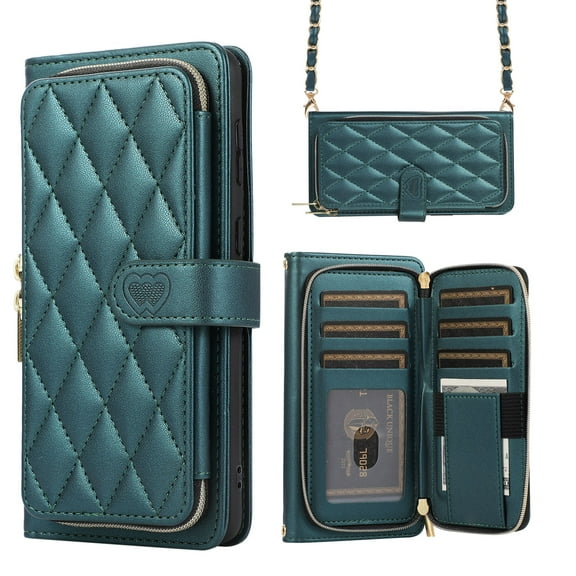 Dteck for Samsung Galaxy S23 FE Case Wallet Multi Zipper Purse with Card Holder Slots, Samsung S23 FE 5G Flip Folio Case with Crossbody Wrist Strap for Women,Green