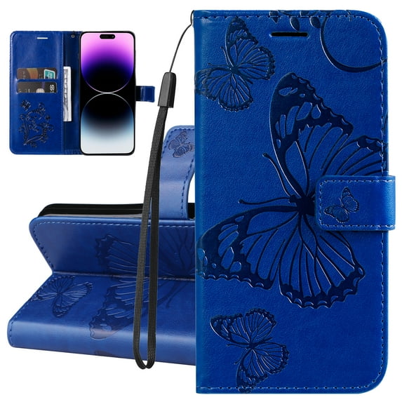 Dteck for Samsung Galaxy S23 FE Phone Case Wallet with Wrist Strap, Embossed Butterfly Flip Folio PU Leather Protective Case for Samsung Galaxy S23 FE 5G,Blue