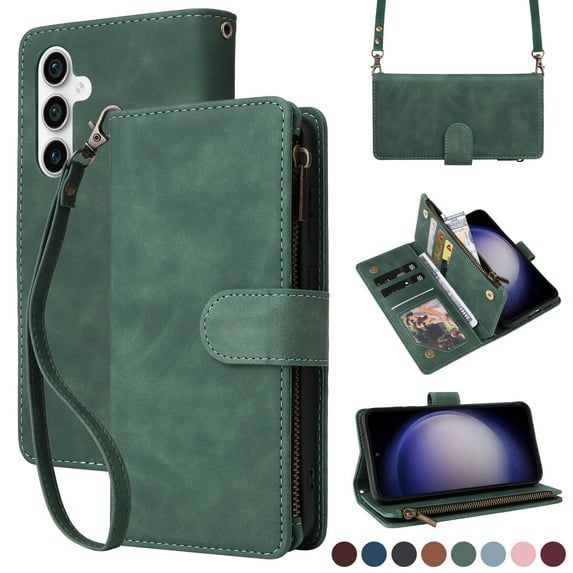 Dteck for Samsung Galaxy S23 FE Wallet Case, Crossbody Phone Purse with Card Holder for Women Men, Soft PU Leather Zipper Carry Cover with Shoulder Strap for Samsung Galaxy S23 FE 5G,Green