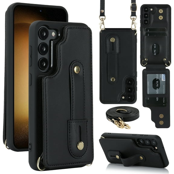 Dteck Samsung Galaxy S23 Plus Case 6.6 inch Wallet with RFID Blocking Card Slots, Crossbody Leather Detachable Shoulder Strap Flip Case with Magnetic Clasp and Kickstand for Men Women,Black