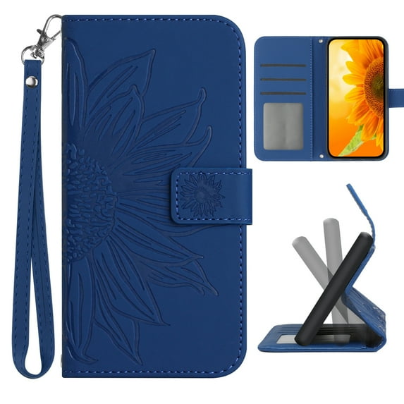 Dteck for Samsung Galaxy S23+/Plus Case Wallet for Women Men Durable Embossed PU Leather Magnetic Folio Flip Stand Wrist Strap Card Holder Shockproof Phone Case,Deep Blue