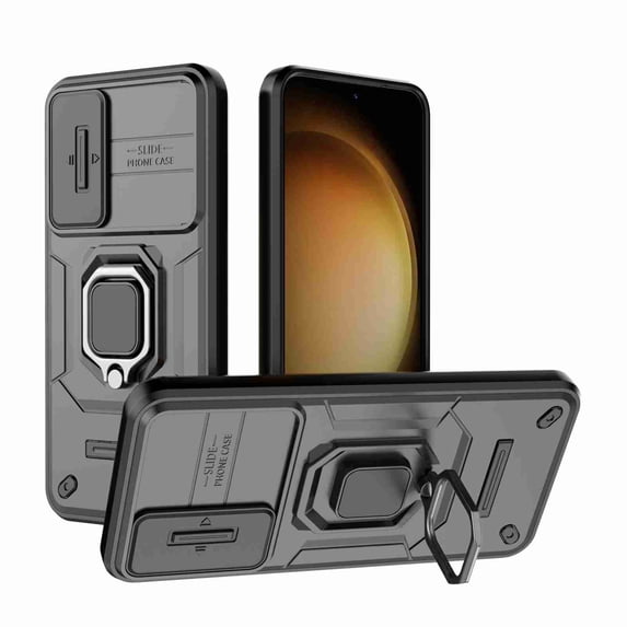 Dteck for Samsung Galaxy S23 Plus with Slide Lens Cover, Military Grade Shockproof Heavy Duty Hybrid Rugged Protective Case with Magnetic Ring Kickstand Case, gray