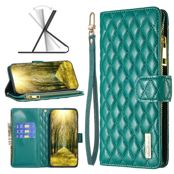 Dteck for Samsung Galaxy S23 Plus Wallet Case with 3-Card Slot, Soft PU Leather Zipper Flip Folio with Wrist Strap Kickstand Protective Phone Cover for Samsung Galaxy S23 Plus,Green