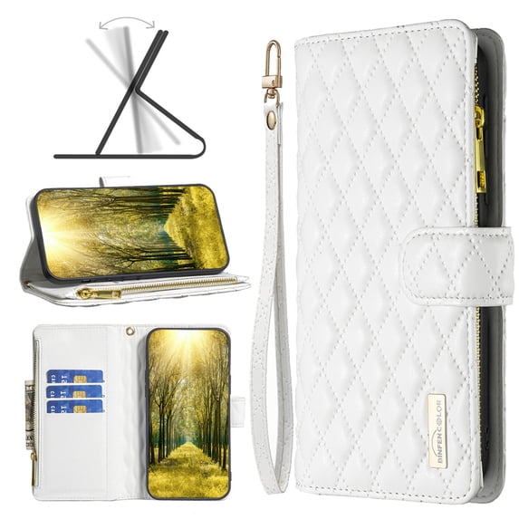 Dteck for Samsung Galaxy S23 Plus Wallet Case with 3-Card Slot, Soft PU Leather Zipper Flip Folio with Wrist Strap Kickstand Protective Phone Cover for Samsung Galaxy S23 Plus,White