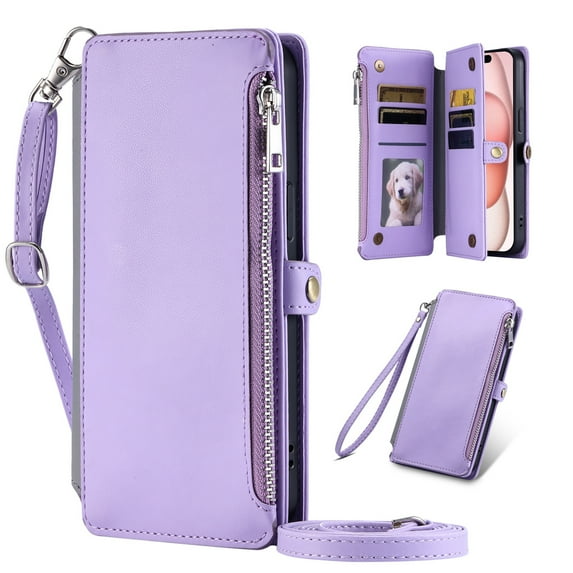 Dteck for Samsung Galaxy S23+ Plus Wallet Case, Crossbody Zipper Purse with Wrist for Women Men, 8-Card Slots Holder PU Leather Kickstand Flip Cover Phone Case,Purple
