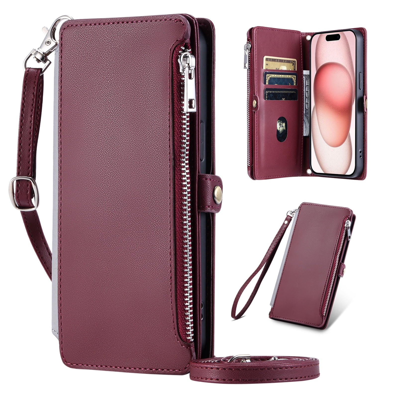 Dteck for Samsung Galaxy S23+ Plus Wallet Case, Crossbody Zipper Purse with Wrist for Women Men, 8-Card Slots Holder PU Leather Kickstand Flip Cover Phone Case,Winered