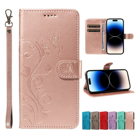 Dteck for Samsung Galaxy S23 Plus Wallet Case,Women Flio Folio Cover with Butterfly Embossed PU Leather Kickstand Credit Card Holder Case with Wrist Strap for Samsung Galaxy S23 Plus,Rosegold