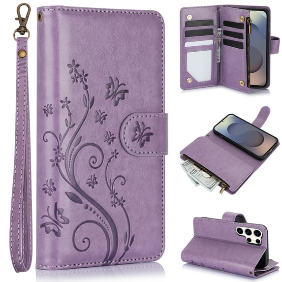 Dteck for Samsung Galaxy S23+/S23 Plus Wallet Case, Embossed Butterfly PU Leather Phone Case Women Men Flip Cover Wrist Strap Zipper Credit Card Holder Slots,Purple