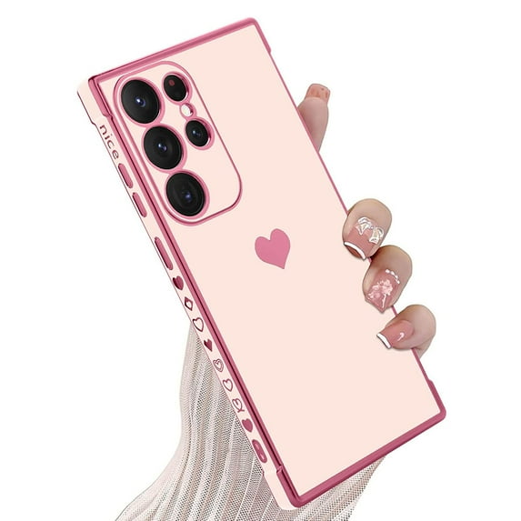 Dteck for Samsung Galaxy S23 Ultra 6.8 inch Case, Love Heart Plating Girly Women Cute Luxury Lens Protection Soft TPU Bumper with 4 Corners Shockproof Protection Cover Case, Pink