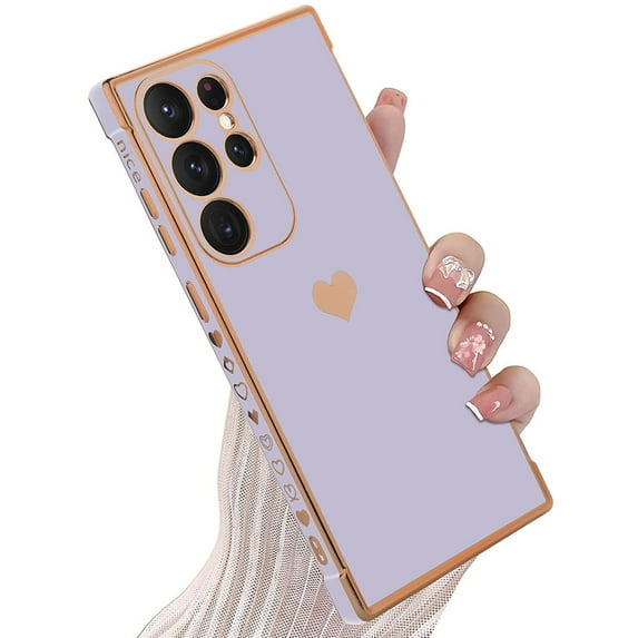 Dteck for Samsung Galaxy S23 Ultra 6.8 inch Case, Love Heart Plating Girly Women Cute Luxury Lens Protection Soft TPU Bumper with 4 Corners Shockproof Protection Cover Case, Purple