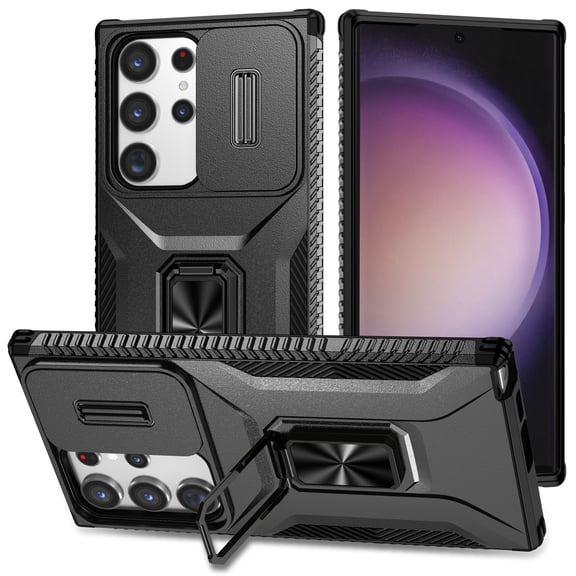 Dteck for Samsung Galaxy S23 Ultra with Camera Cover & Kickstand, Heavy Duty Military Grade Shockproof Rugged Slide Lens Protection 360 Rotate Ring Stand, Impact-Resistant Protective Bumper, black