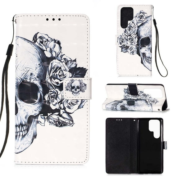 Dteck Samsung Galaxy S23 Ultra Case 3D PU Leather Wallet Flip Protective Phone Case with Wrist Strap Card Slots Holder Pocket Cover for Samsung Galaxy S23 Ultra, Skull