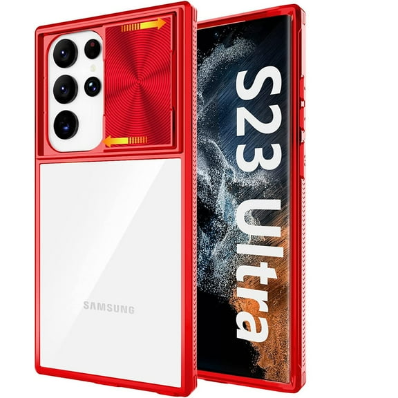 Dteck for Samsung Galaxy S23 Ultra Case with Camera Protection Slide Cover, Clear Slim Fit Shockproof Protective Camera Cover S23 Ultra Case 6.8 Inch 2023, Red