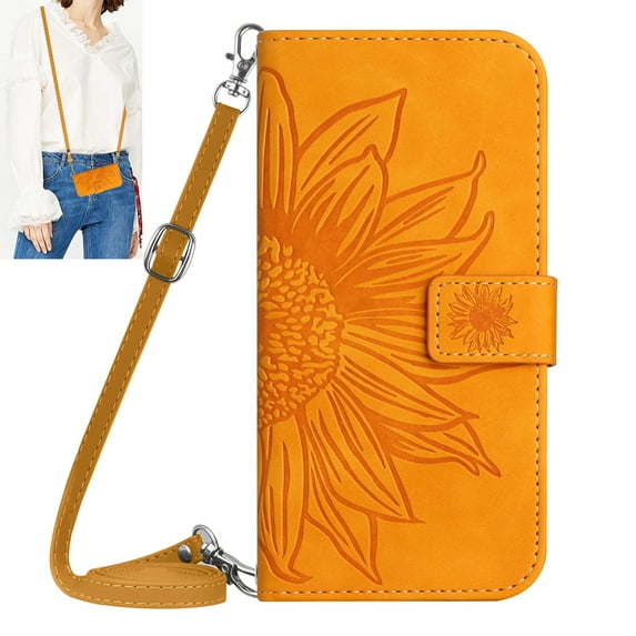 Dteck for Samsung Galaxy S23 Ultra Case, Crossbody Wallet Phone Case Embossed Flower PU Leather with Card Holder, Magnetic Closure Flip Folio Case with Lanyard,Yellow