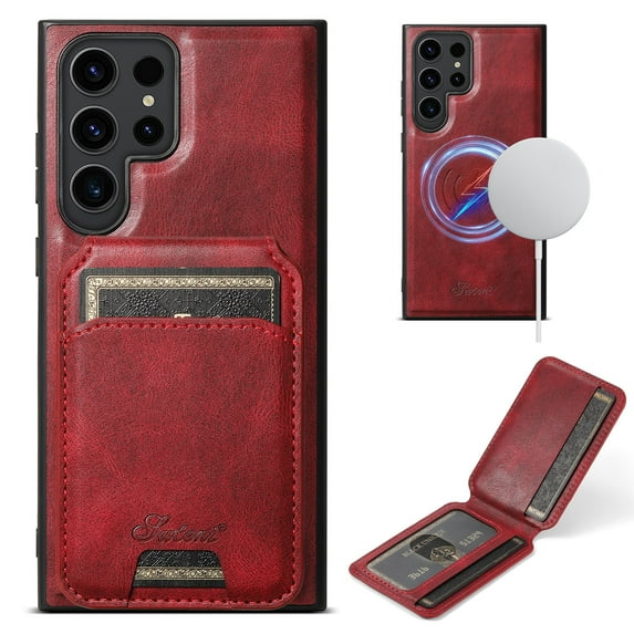 Dteck for Samsung Galaxy S23 Ultra Case Magnetic with Detachable Card Wallet, 2 in 1 Removable Back Cover Compatible with MagSafe, Card Holder Flip Stand Pocket Slim Case 6.8",Red