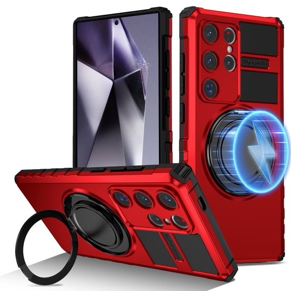 Dteck for Samsung Galaxy S23 Ultra Case with Rotating Ring Stand, Compatible with MagSafe, Heavy Duty Magnetic Phone Case for Samsung Galaxy S23 Ultra 5G,Red