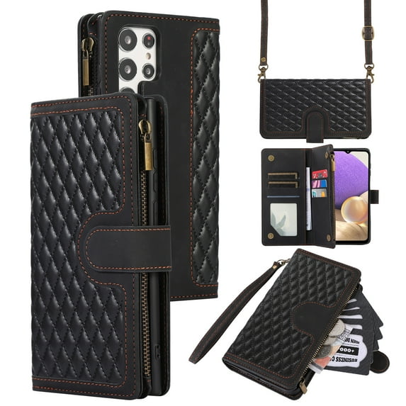 Dteck for Samsung Galaxy S23 Ultra Case, Samsung S23 Ultra Wallet Case with 9 Card Slots, PU Leather Magnetic Flip Zipper Purse Wristlet Strap Crossbody Lanyard Kickstand Phone Case,Black