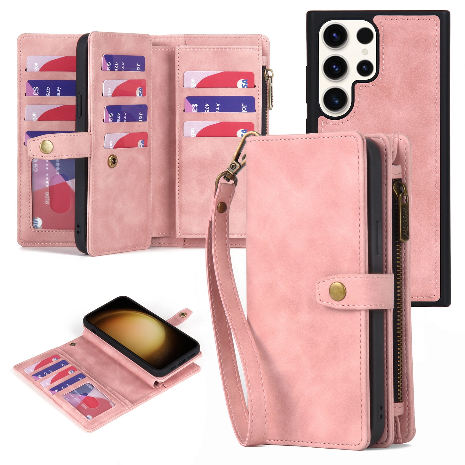 Dteck for Samsung Galaxy S23 Ultra Case, Samsung S23 Ultra Wallet Case for Women Men, PU Leather Flip Lanyard Strap Wristlet Zipper Card Holder Magnetic Detachable Phone Case for S23 Ultra,Pink