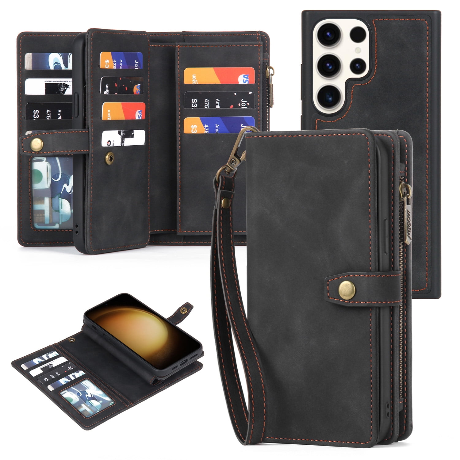 Dteck for Samsung Galaxy S23 Ultra Case, Samsung S23 Ultra Wallet Case for Women Men, PU Leather Flip Lanyard Strap Wristlet Zipper Card Holder Magnetic Detachable Phone Case for S23 Ultra,Black