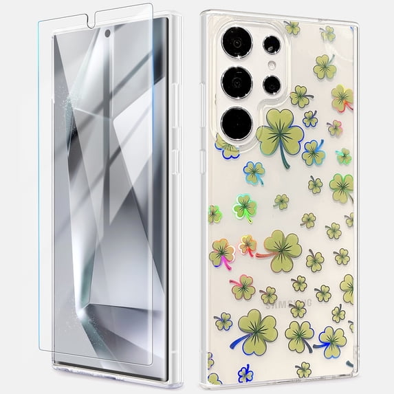 Dteck for Samsung Galaxy S23 Ultra Case with Screen Protector, Military Grade Drop Protection Floral Clear Slim Shockproof Phone Cover for Women,Clover
