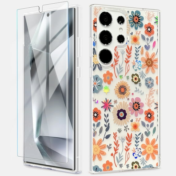 Dteck for Samsung Galaxy S23 Ultra Case with Screen Protector, Military Grade Drop Protection Floral Clear Slim Shockproof Phone Cover for Women,Garden