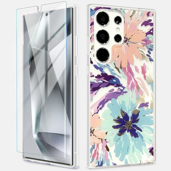 Dteck for Samsung Galaxy S23 Ultra Case with Screen Protector, Military Grade Drop Protection Floral Clear Slim Shockproof Phone Cover for Women,Painting Flower