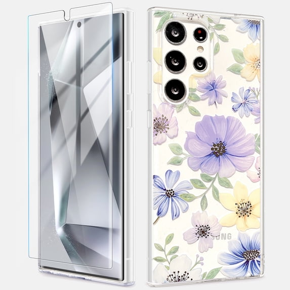 Dteck for Samsung Galaxy S23 Ultra Case with Screen Protector, Military Grade Drop Protection Floral Clear Slim Shockproof Phone Cover for Women,Yellow Flower