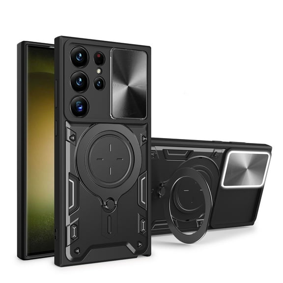 Dteck for Samsung Galaxy S23 Ultra Case with Slide Camera Protector Lens Cover, Hybrid Shockproof Rugged S23 Ultra Case with Ring Stand, Work with Magnetic Car Mount, Black