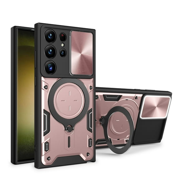 Dteck for Samsung Galaxy S23 Ultra Case with Slide Camera Protector Lens Cover, Hybrid Shockproof Rugged S23 Ultra Case with Ring Stand, Work with Magnetic Car Mount, Rosegold