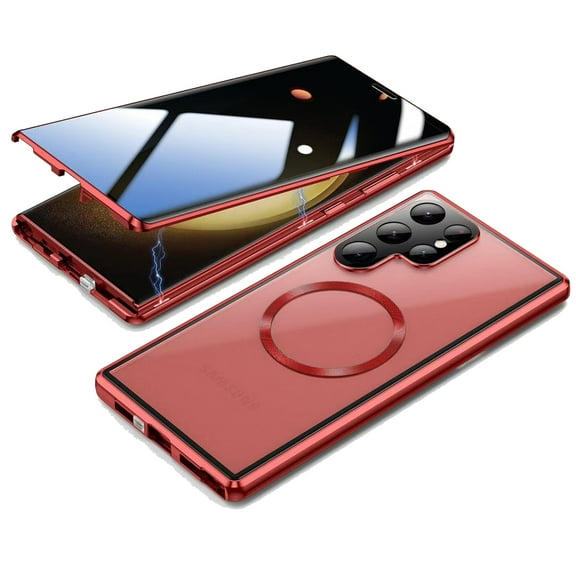 Dteck for Samsung Galaxy S23 Ultra Case with Slide Secure Lock, Compatible with MagSafe, Magnetic Adsorption Double-Sided Glass Protective Case with Built-in Privacy Screen Protector,Red