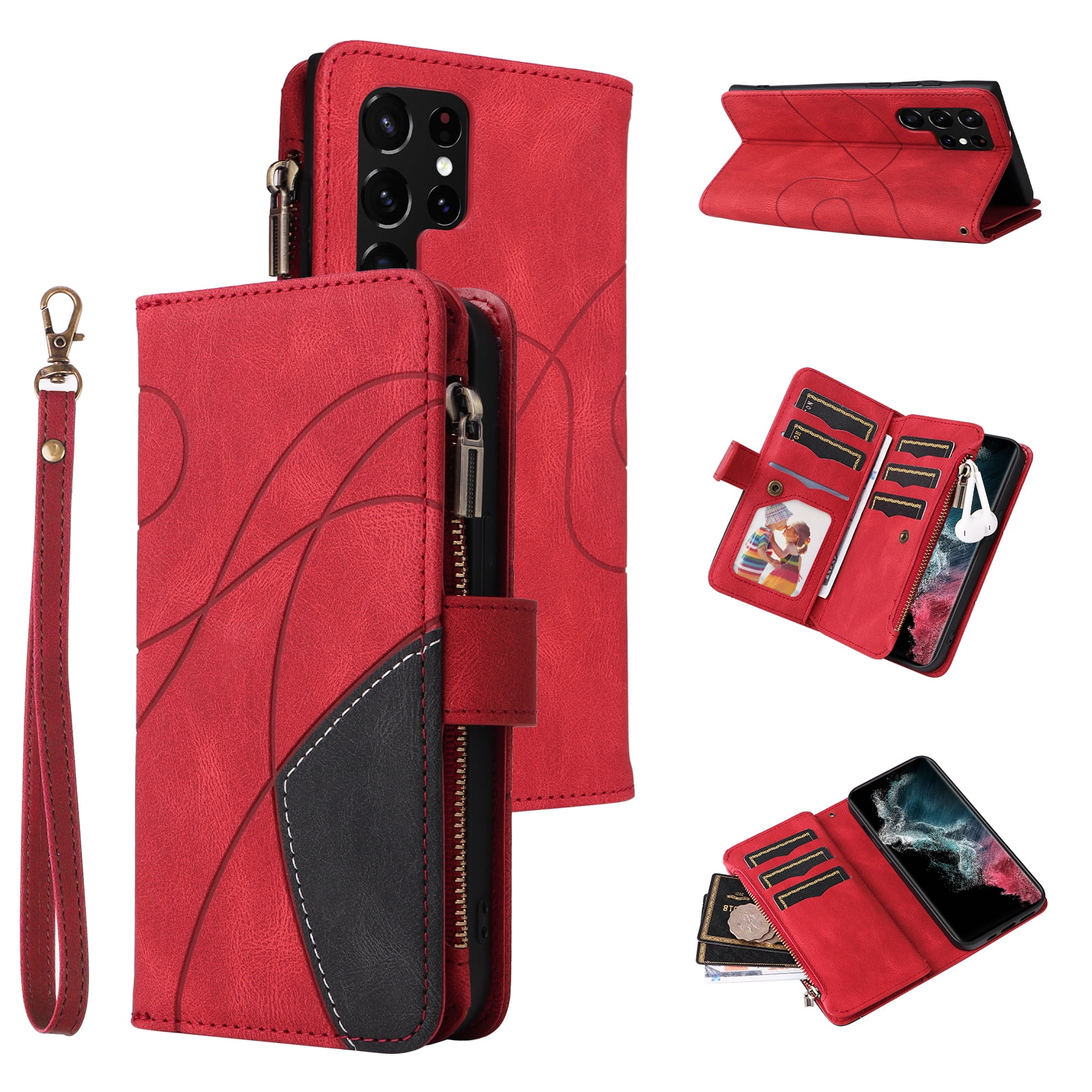 Dteck for Samsung Galaxy S23 Ultra Case Wallet with 9 Card Slots, Zipper Pocket PU Leather Folio Flip Phone Case with Wristlet Strap for Samsung Galaxy S23 Ultra 6.8 Inch, Red