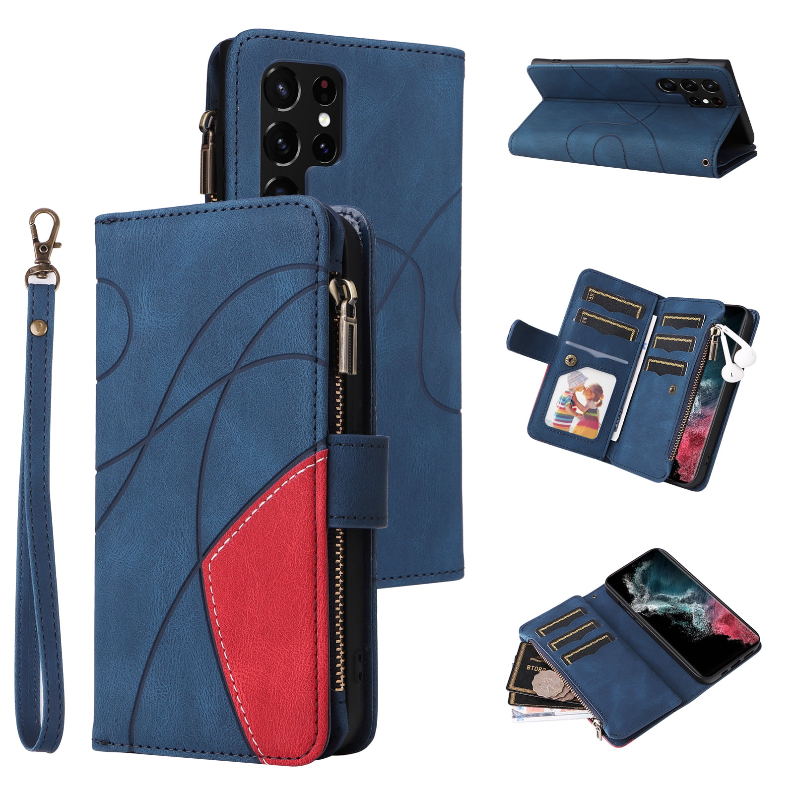 Dteck for Samsung Galaxy S23 Ultra Case Wallet with 9 Card Slots, Zipper Pocket PU Leather Folio Flip Phone Case with Wristlet Strap for Samsung Galaxy S23 Ultra 6.8 Inch, Blue