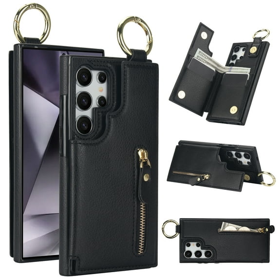 Dteck for Samsung Galaxy S23 Ultra Case Wallet with Card Holder, PU Leather Zipper Pocket Card Slots Front Cover Flip Kickstand Shockproof Phone Case for Galaxy S23 Ultra 5G,Black