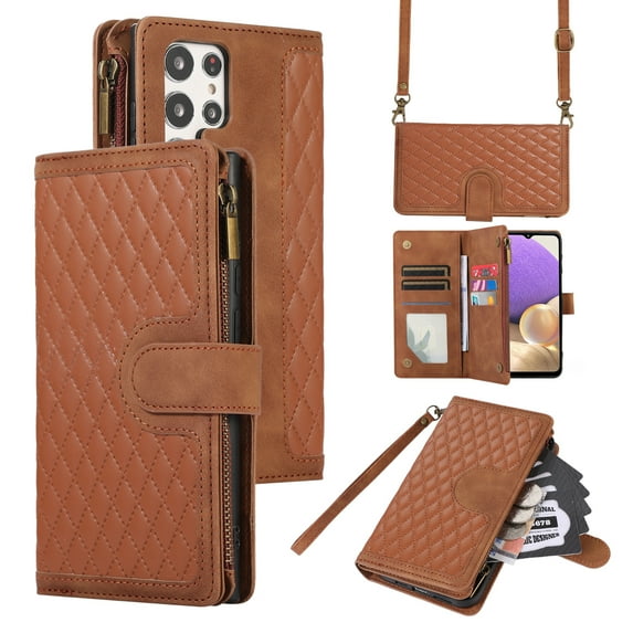 Dteck for Samsung Galaxy S23 Ultra Case, Samsung S23 Ultra Wallet Case with 9 Card Slots, PU Leather Magnetic Flip Zipper Purse Wristlet Strap Crossbody Lanyard Kickstand Phone Case,Brown