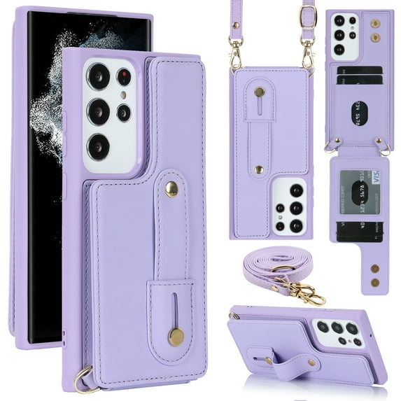Dteck Samsung Galaxy S23 Ultra Case Wallet with RFID Blocking Card Slots, Crossbody Leather Detachable Shoulder Strap Flip Case with Magnetic Clasp and Kickstand for Men Women,Purple