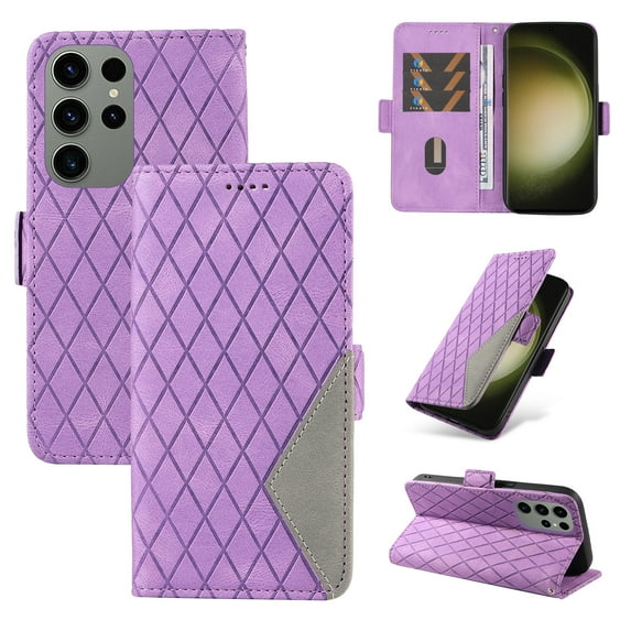 Dteck for Samsung Galaxy S23 Ultra Case with Wrist Strap, Shockproof Splicing Luxury PU Leather Flip Wallet Magnetic Kickstand Money Pouch Folio TPU Bumper Protective Cover, purple