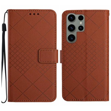 Dteck for Samsung Galaxy S23 Ultra Magnetic Case, Premium PU Leather Folio Flip Wallet Case with Card Holder Cash Slot Lanyard Strap Kickstand Function Embossed Pattern Slim Shockproof Cover, brown