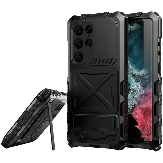 Dteck with Samsung Galaxy S23 Ultra Metal Case with Screen Protector,Built-in Kickstand Heavy Duty Rugged Military Cover Shockproof Dustproof Full Body Protector Case, Black