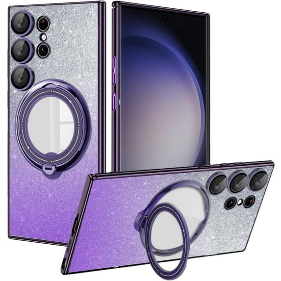Dteck for Samsung Galaxy S23 Ultra Ring Stand Cover, Shockproof Glitter Magnetic Plating Bling Clear Case with Camera Lens Protection Slim Anti-Scratch Sparkle Case for Women Girls, darkpurple