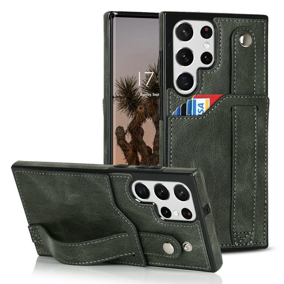 Dteck for Samsung Galaxy S23 Ultra Wallet Card Case, Shockproof Premium PU Leather Soft TPU Business Cover with Wrist Strap Kickstand Flip Stand Protection Case, green