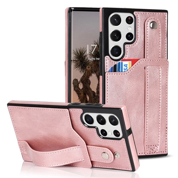 Dteck for Samsung Galaxy S23 Ultra Wallet Card Case, Shockproof Premium PU Leather Soft TPU Business Cover with Wrist Strap Kickstand Flip Stand Protection Case, rosegold