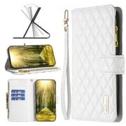 Dteck for Samsung Galaxy S23 Ultra Wallet Case with 3-Card Slot, Soft PU Leather Zipper Flip Folio with Wrist Strap Kickstand Protective Phone Cover for Samsung Galaxy S23 Ultra,White